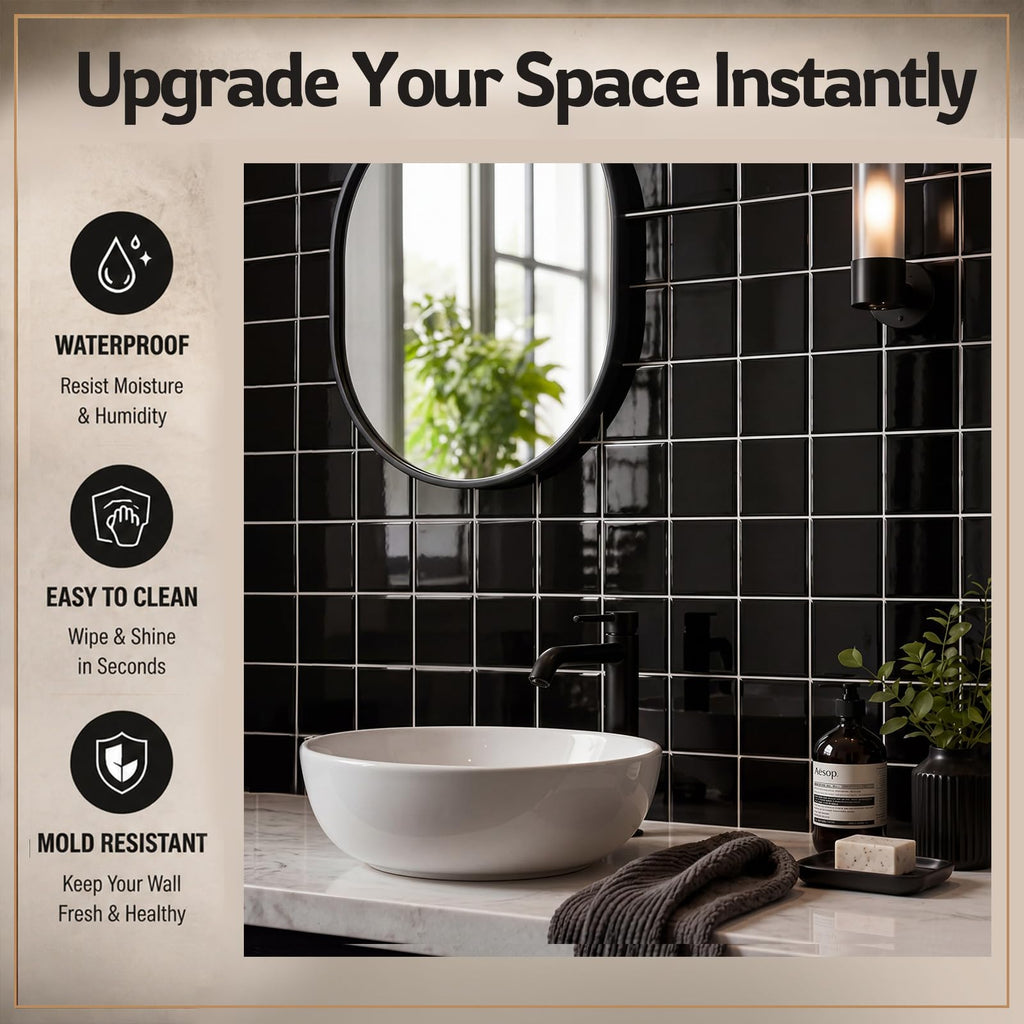 15 Pack Glossy Black Ceramic Wall Tiles, 4.25 x 4.25 Inch Square Subway Tile Thickness 8mm Backsplash, Bathroom