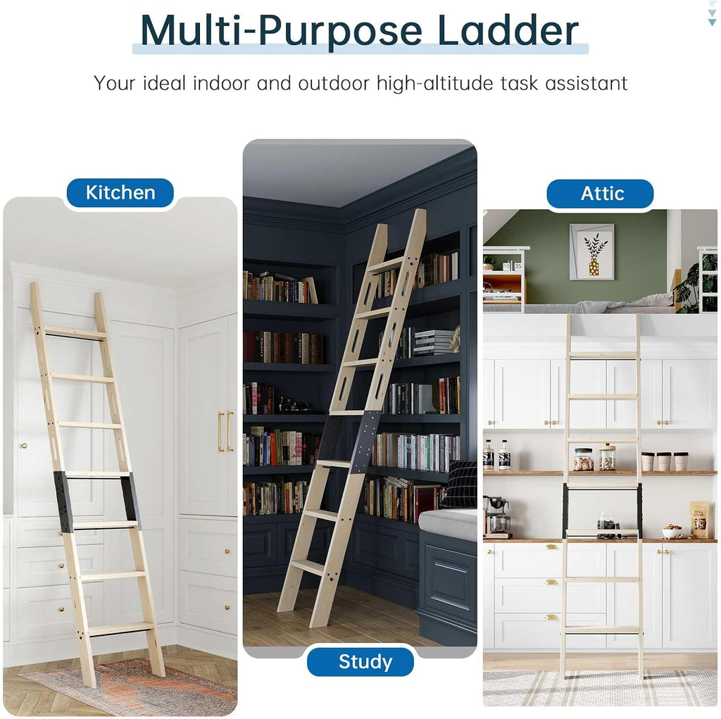 Rolling Library Ladder 8ft,450lbs Capacity,7 Steps with Build-in Handrail,Solid Wood,Easy Assembly for Loft Bookshelf