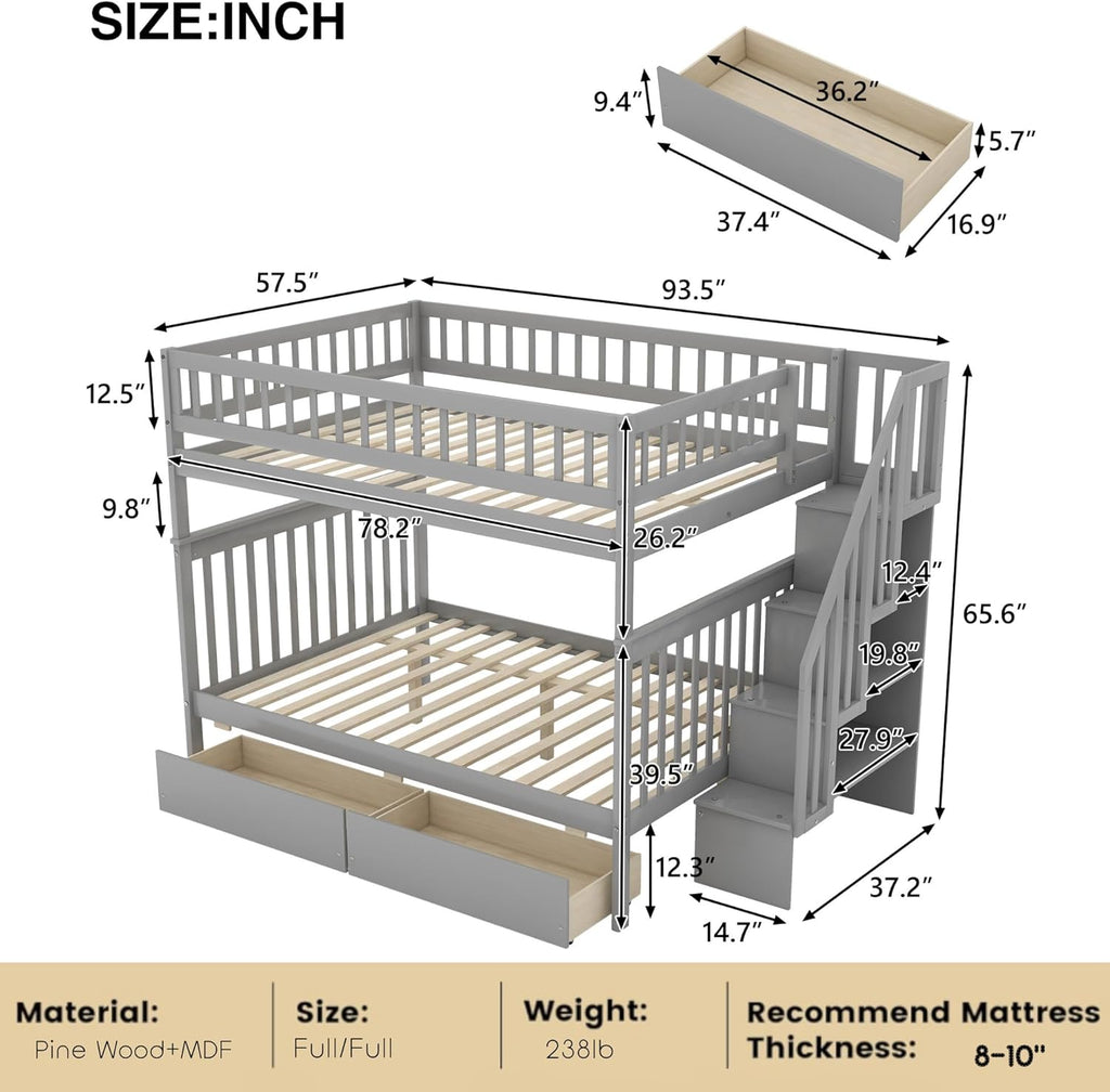 Full Over Full Bunk Beds with Stairs Stairway Bunk Bed Frame with Storage Shelves for Kids Teens Adult