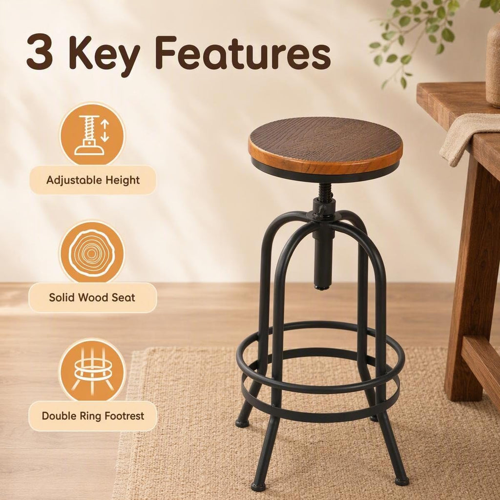 Set of 2-Industrial Bar Stool-Retro 26-32.3inch Swivel Stools-Extra Tall Kitchen Chair-Bar Counter Height