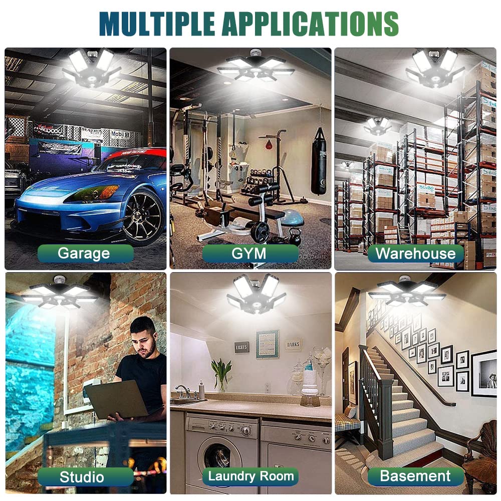 2-Pack LED Garage Lights, 160W 6500K Garage Lights Ceiling Led Bulb with 6+1 Adjustable Panels, LED Shop