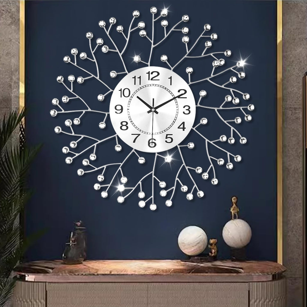 19.7 Inch Large Decorative Wall Clock Decor, Non-Ticking Quiet Modern Metal Starburst Bling Silver Crystal Wall Clock