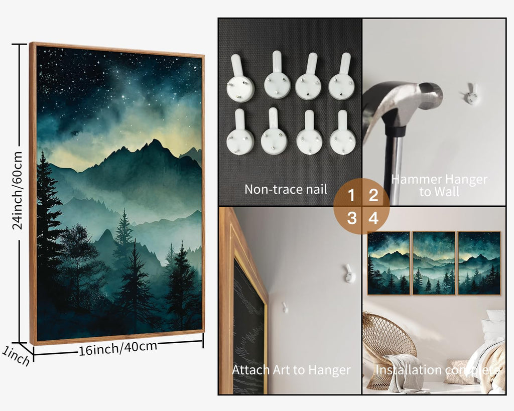 Misty Mountain Framed Canvas Wall Art, Nature Forest Green Pine Tree Wall Decor, Starry Night Art Paintings, Modern