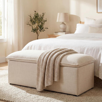Modern Storage Bench Linen Fabric, Upholstered Storage Ottoman Entryway Bench with Seating Living Room, Beige
