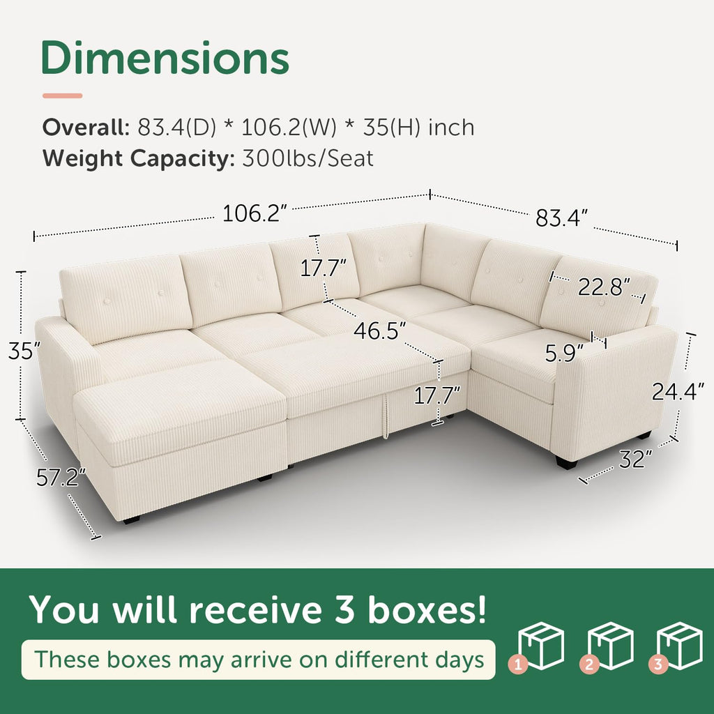 Corduroy Sectional Sleeper Sofa with Pull Out Bed, 7 Seaters 106 Inch U Shaped Setional Couch, Beige