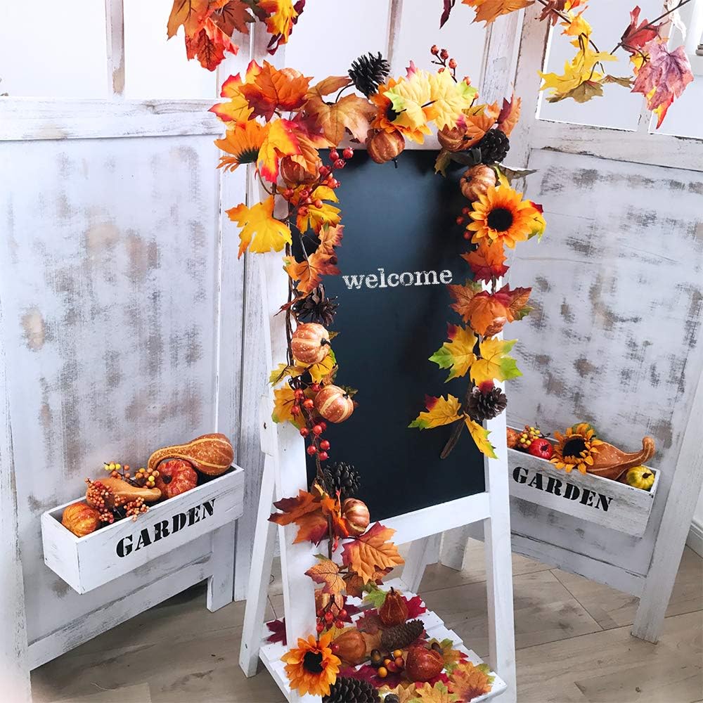 Fake Fall Maple Leaf Garland Hanging Vine- 6 Feet - Artificial Berries Sunflower Pumpkin Autumn Decoration