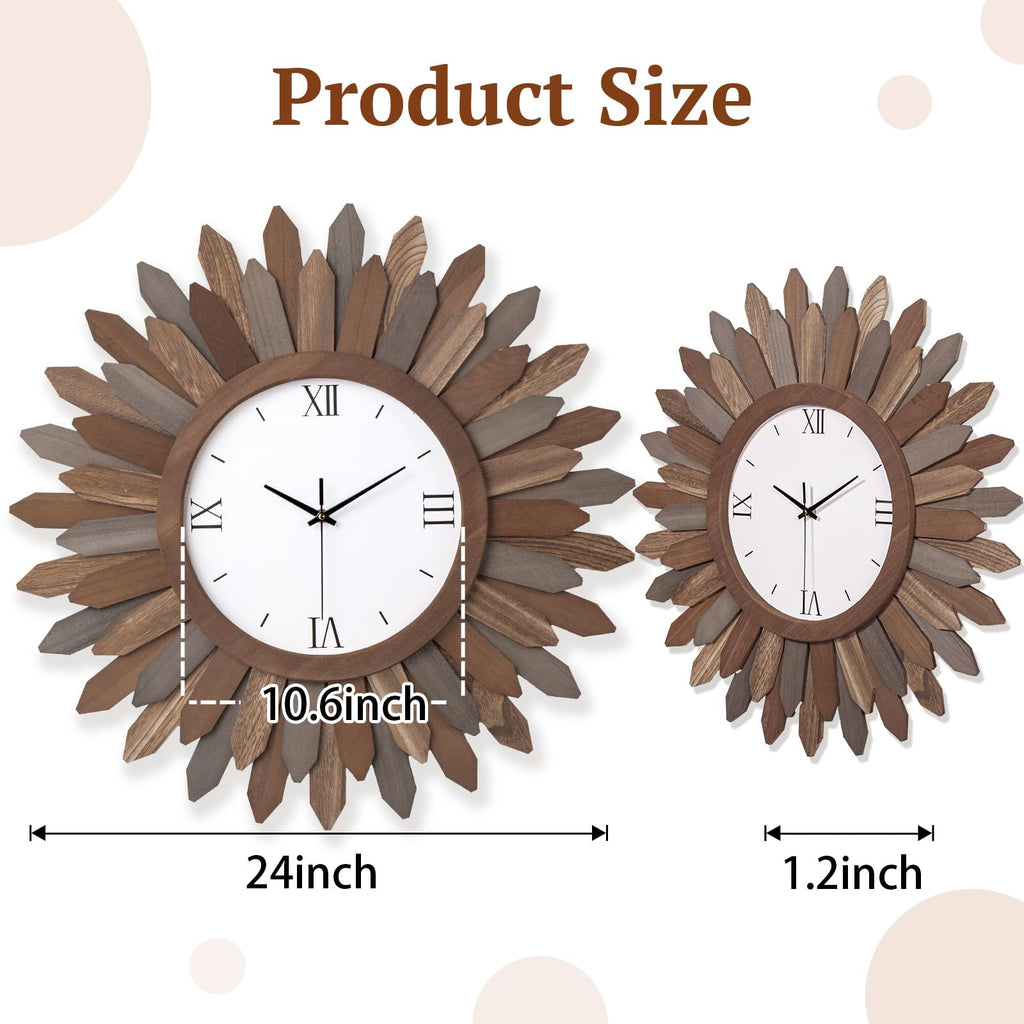 24 Inch Large Wall Clock Battery Operated Silent Rustic Wood Boho Sunburst Decorative Wall Clocks Kitchen Bedroom