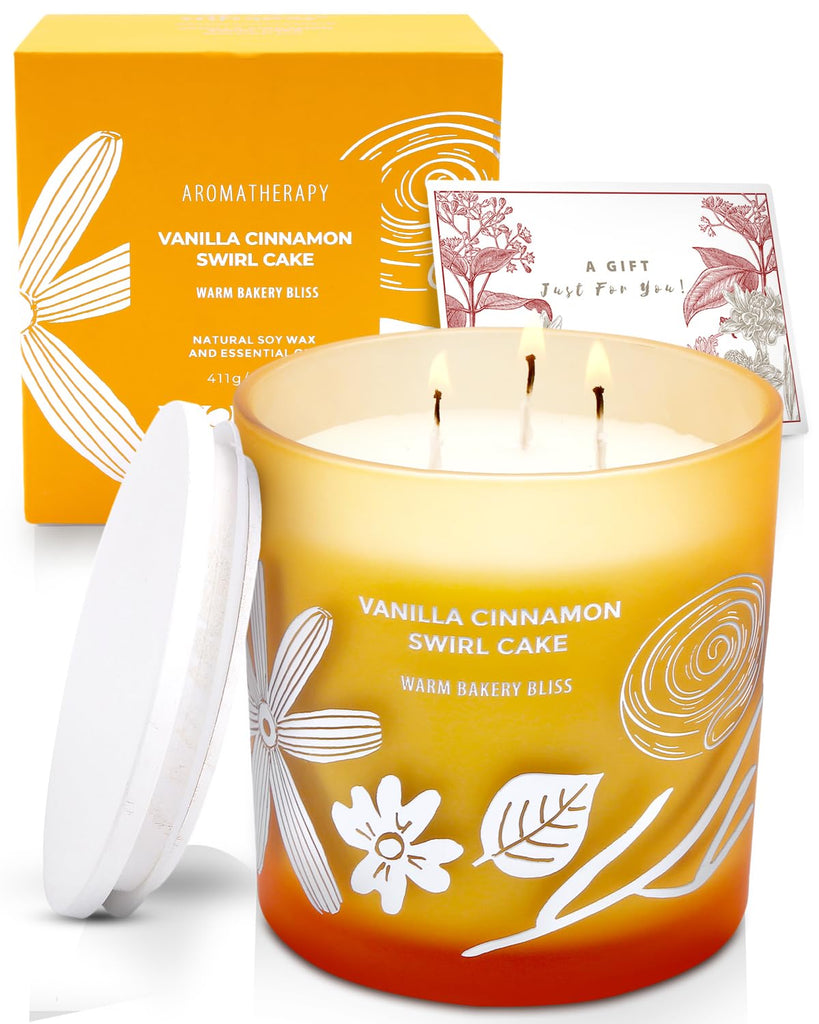 Vanilla Cinnamon Swirl Cake Scented Candle, Large 3 Wick Soy Candle 14.5 Oz