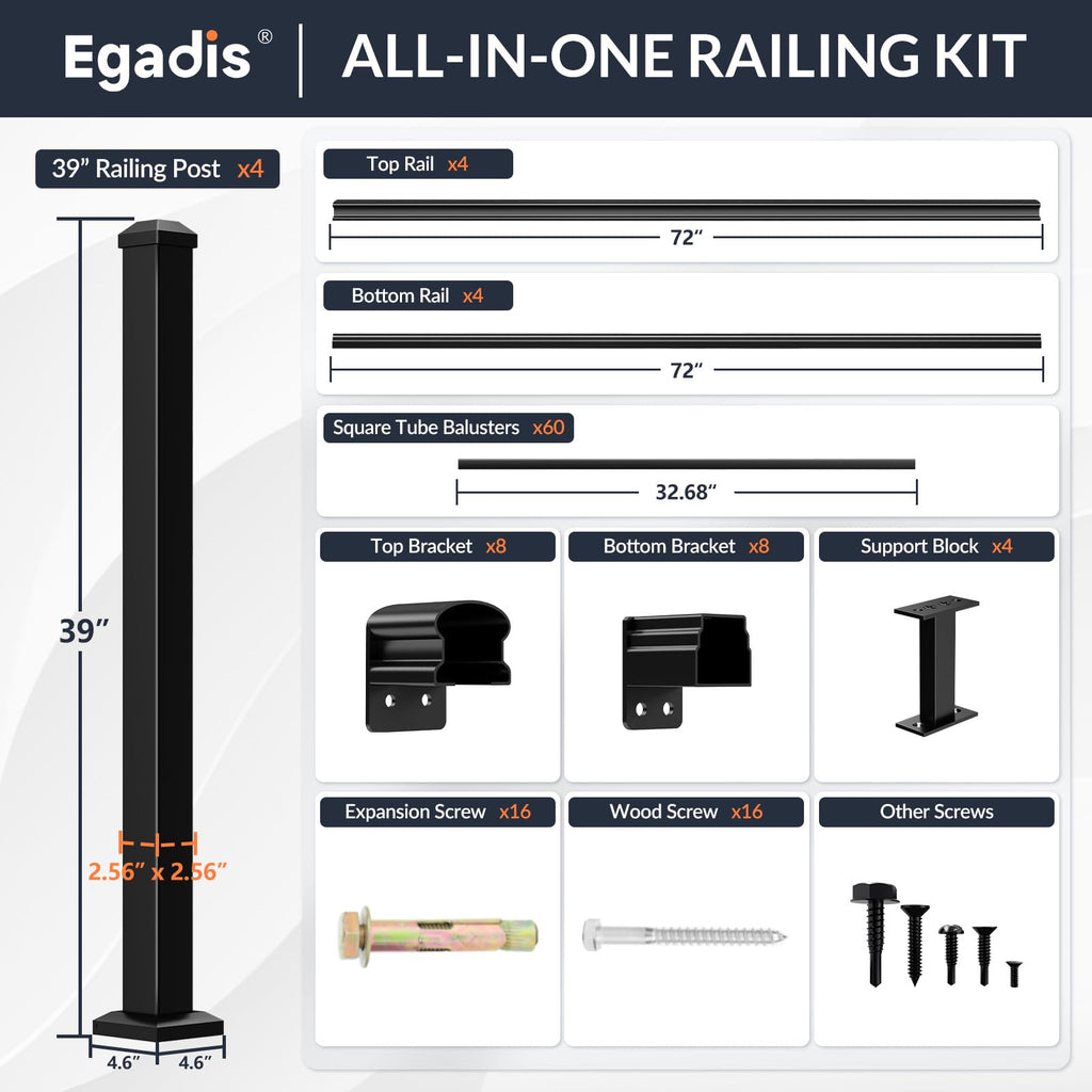 4 Pack 36 in x 6 ft Modular Aluminum Porch and Deck Railing Kit