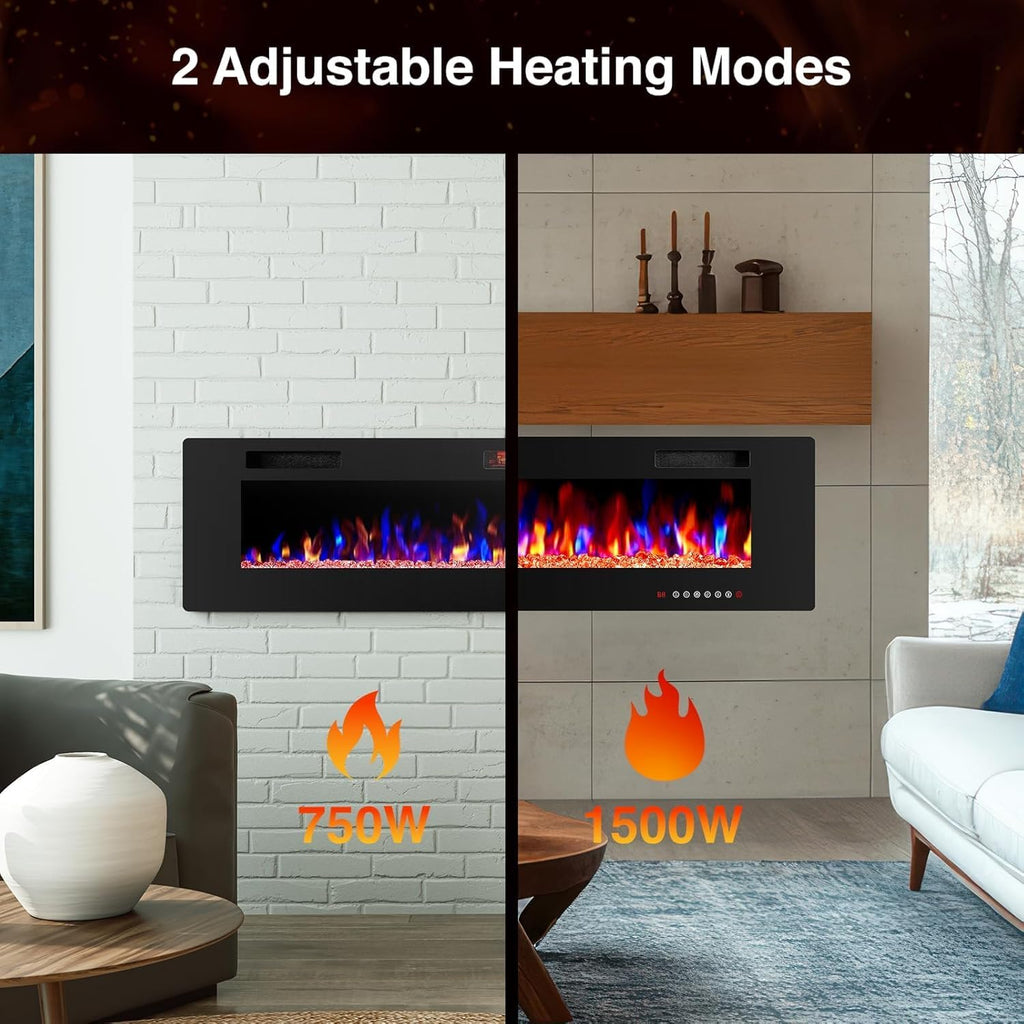 42" Electric Fireplace with Remote Ultra-Thin & Quiet Wall-Mounted Recessed Heater, Adjustable 12-Color Flame