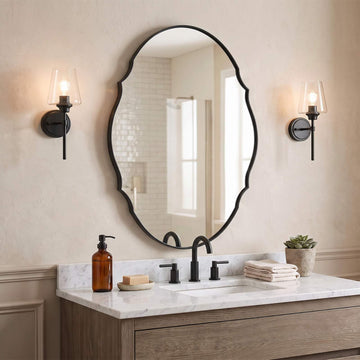 22x30 Matte Black Farmhouse Scalloped Oval Bathroom Vanity Mirror