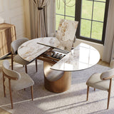 Modern Extendable Dining Table for 4-6, 47" to 63" Round to Oval Sintered Stone Kitchen Table with Carbon Steel Base