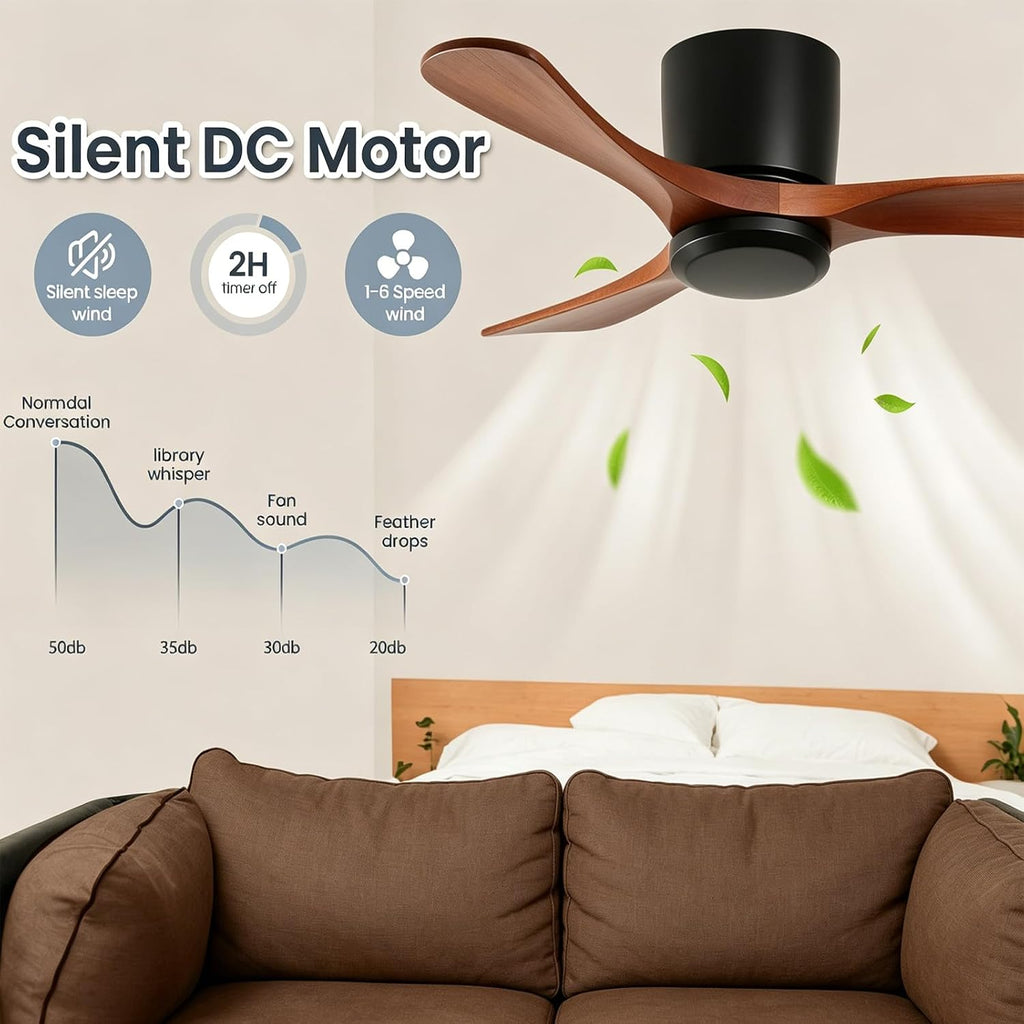 42 Inch Wood Ceiling Fan Without Light - Flush Mount, Remote Control, 3 Blade 6-Speed Reversible DC Motor, Noiseless Timer A101-B0GZNFXZKP