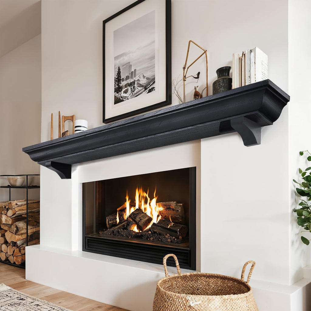 60 Inch Fireplace Mantel Shelf with Corbels, Rustic Floating Shelf, Black