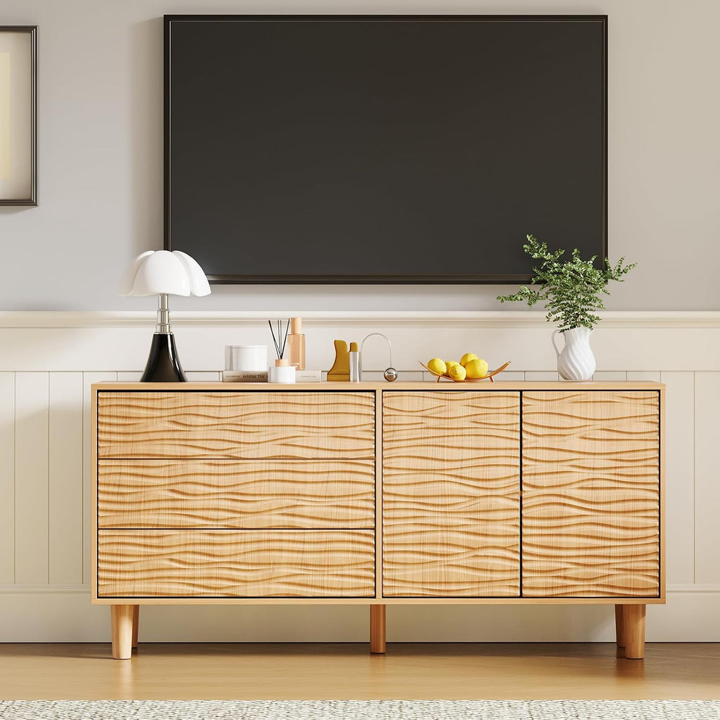 61" Wood Modern Sideboard Buffet Cabinet with Undulating Fluted Design, 3 Drawers & 2 Doors Kitchen Storage Cabinet