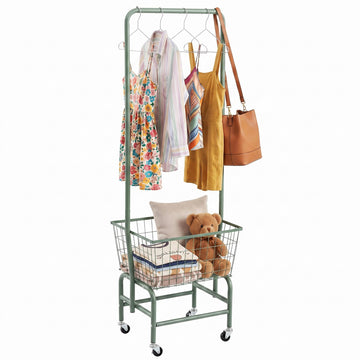 Laundry Cart with Clothes Rack, Rolling Laundry Butler with Wire Storage Rack,Green