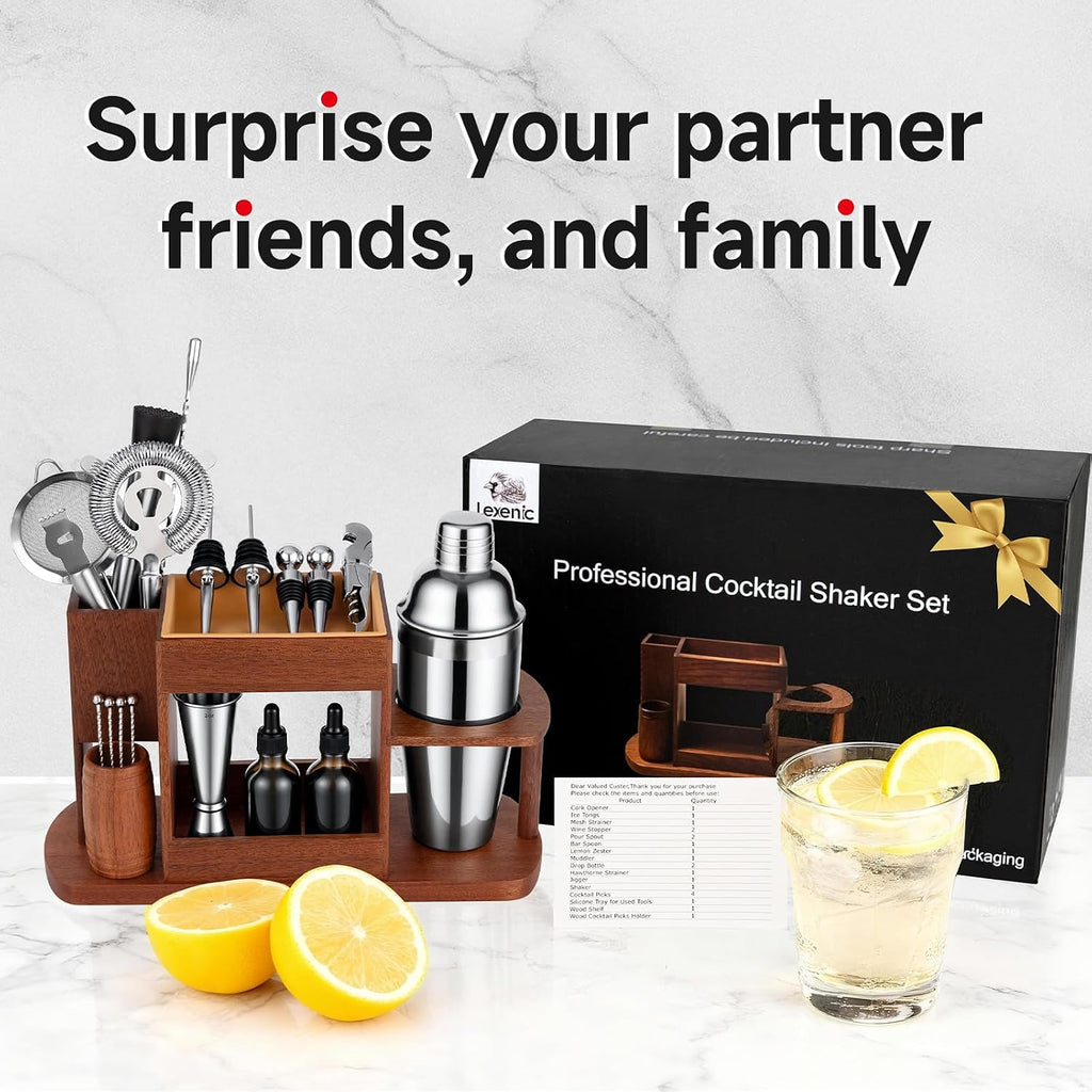 Cocktail Making Dock, 23-Piece Cocktail Shaker Set with Versatile Wooden Stand, Easy Access Stainless Steel Bartender - Set of 23