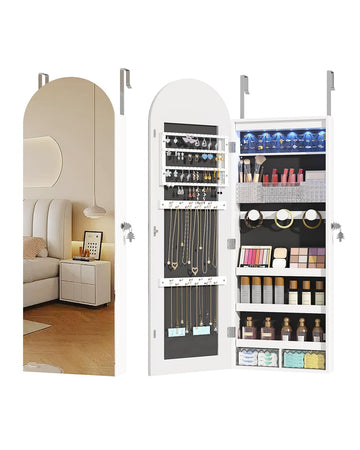 Arched Mirror Jewelry Cabinet, Over the Door or Wall Mounted, White