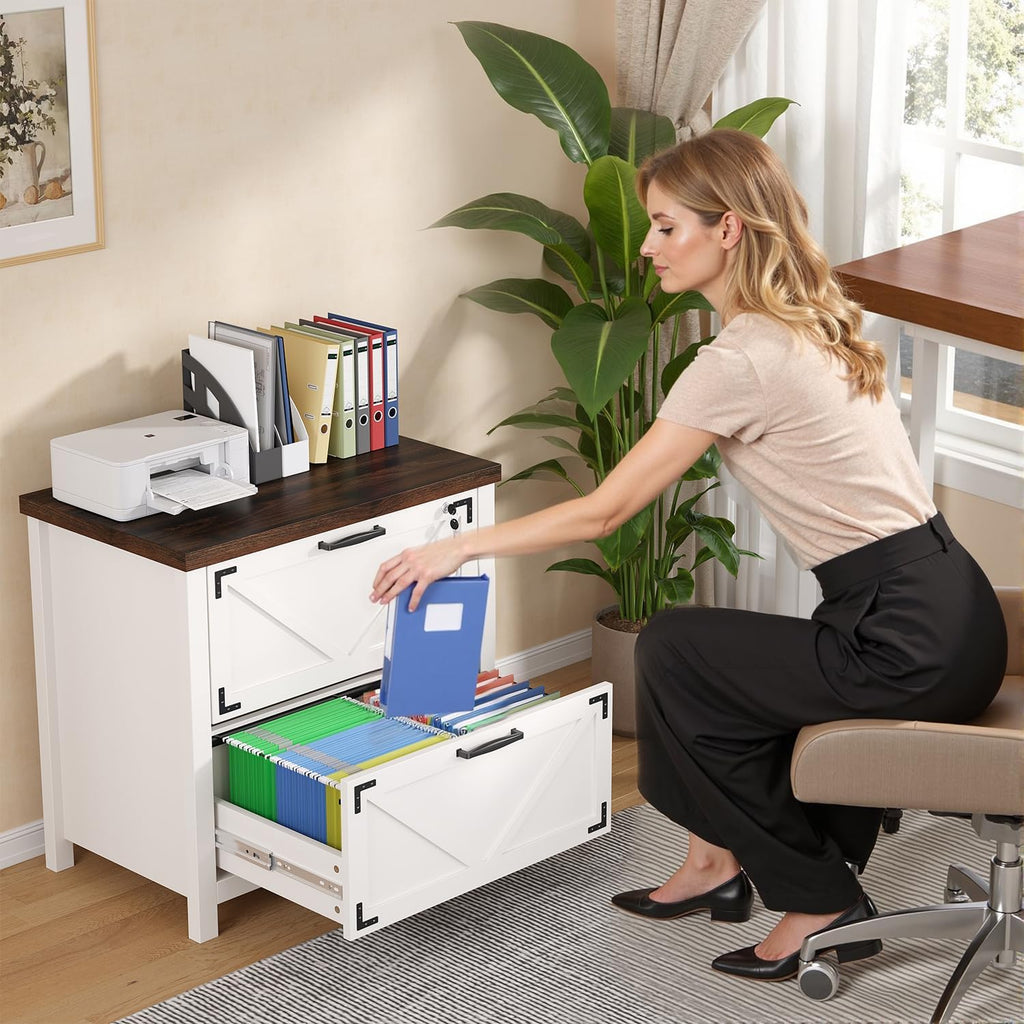 2 Drawer File Cabinet with Lock, Wood Filing Cabinets Storage Cabinet for Hanging Files Letter/Legal/F4/A4 Size, White