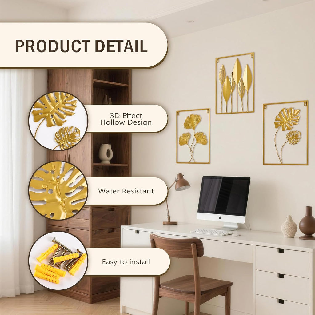 Metal Wall Art 3D Minimalist Tree Leaf Wall Sculpture Decor, Gold Framed Wall Art Bedroom Dining Room Office - Set of 3