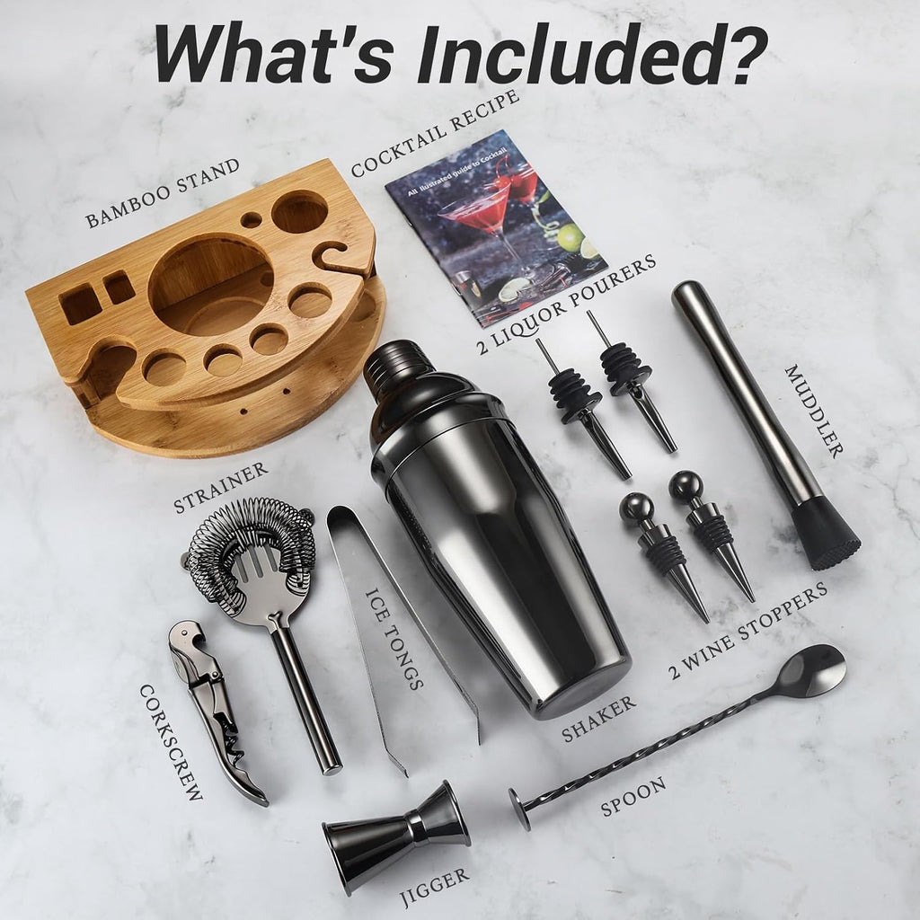 Cocktail Shaker Set Bartender Kit with Stand, Bar Set Drink Mixer Set with Stainless Steel Bar Accessories - Set of 12