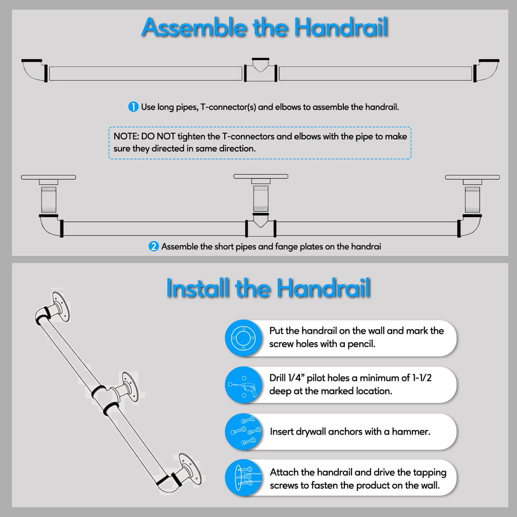 Pipe Stair Handrail, 8 Ft Metal Staircase Handrail, Black Galvanized Industrial Iron Hand Rail for Indoor & Outdoor