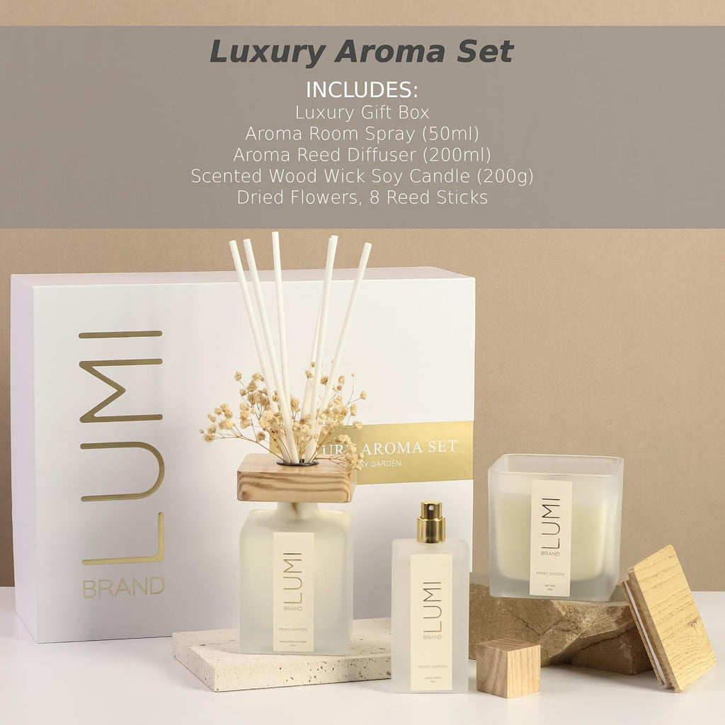 Luxury Aroma Gift Set | Peony Garden Scent - Reed Diffuser (200ml), Wood Wick Soy Candle (200g), Room Spray (50ml) |