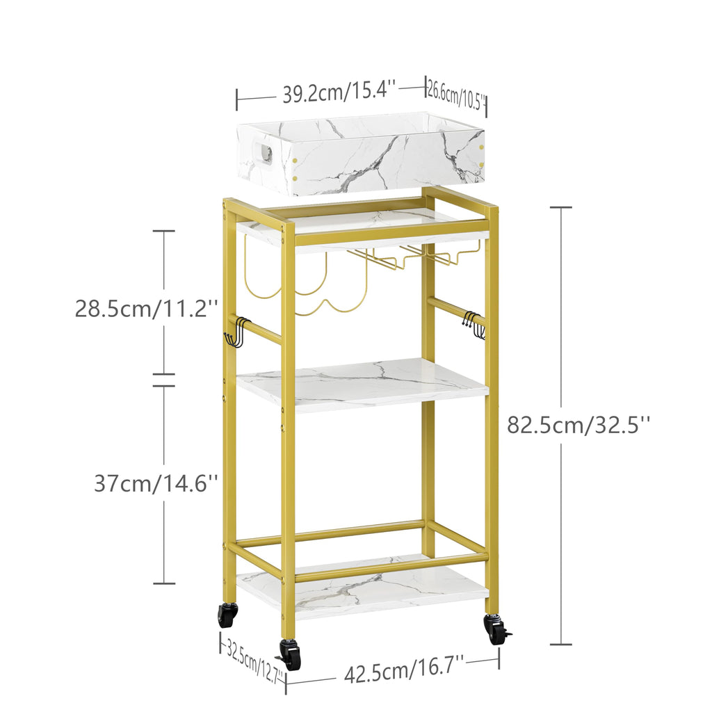 3-Tier Gold Bar Cart with Removable Tray, Small Bar Carts with Wheels, Rolling Beverage Cart, Drink Cart, Gold Wine