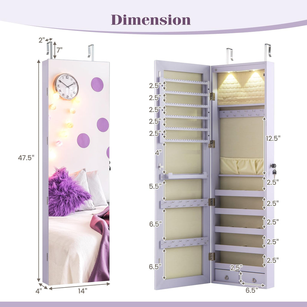 Wall Door Mounted Jewelry Armoire with 47.5" Full Length Mirror & 2 LED Lights, Large Storage Capacity, Lockable