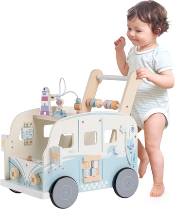 Wooden Baby Walker, Baby Push Walker, Baby Activity Center Toys, Ajustable Speed Multi-Functional Baby Walker