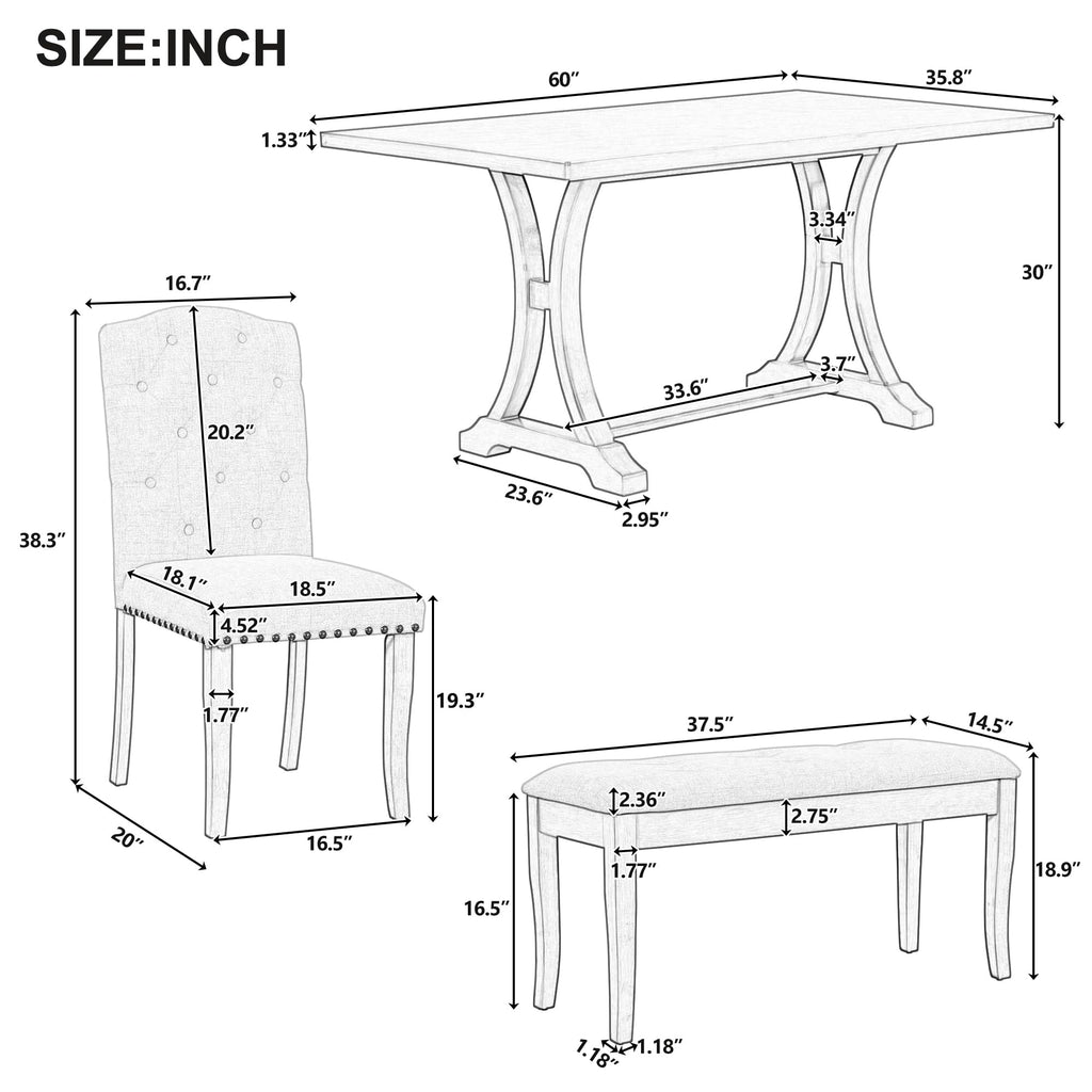 Farmhouse Dining Table Set for 6, Dining Table with Bench and Chairs, 6 Piece Kitchen Table Set Solid Wood Dining