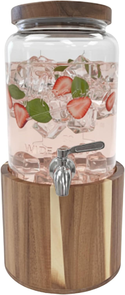 1 Gallon Glass Water & Lemonade Dispenser with Wooden Lid & Stand - Mason Jar Beverage Dispenser with Stainless Steel