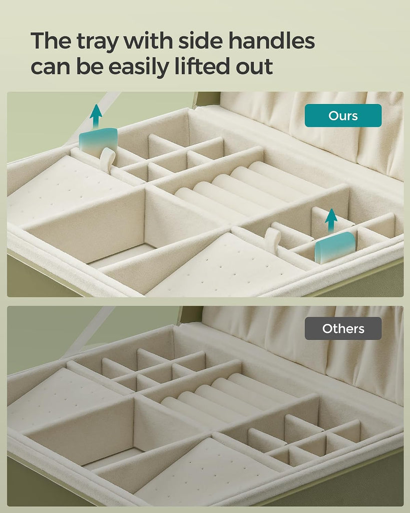 2-Layer Jewelry Box with Handle, Removable Tray, Floating Effect