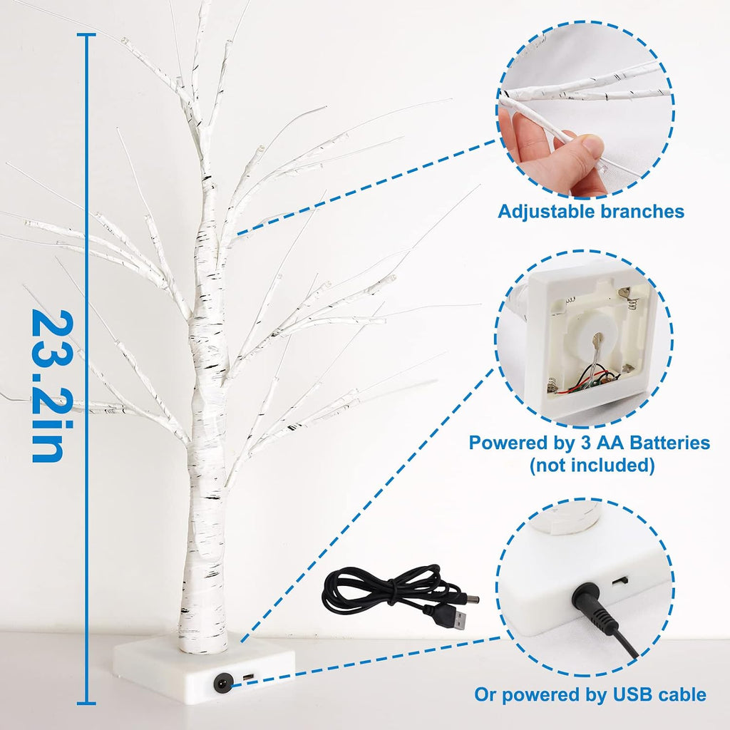 23.2" Lighted Birch Tree with Colored Egg Tree Ornaments, Easter Table Decor with Lights, Kids School Party - Set of 12