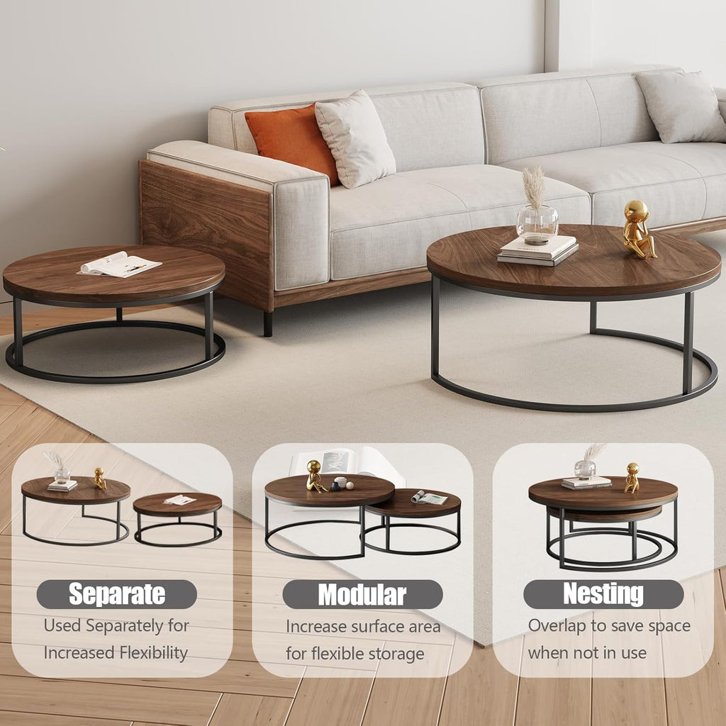 Round Nesting Coffee Set of 2, Modern Minimalist Accent Tables, Stackable Side Tables (Walnut)