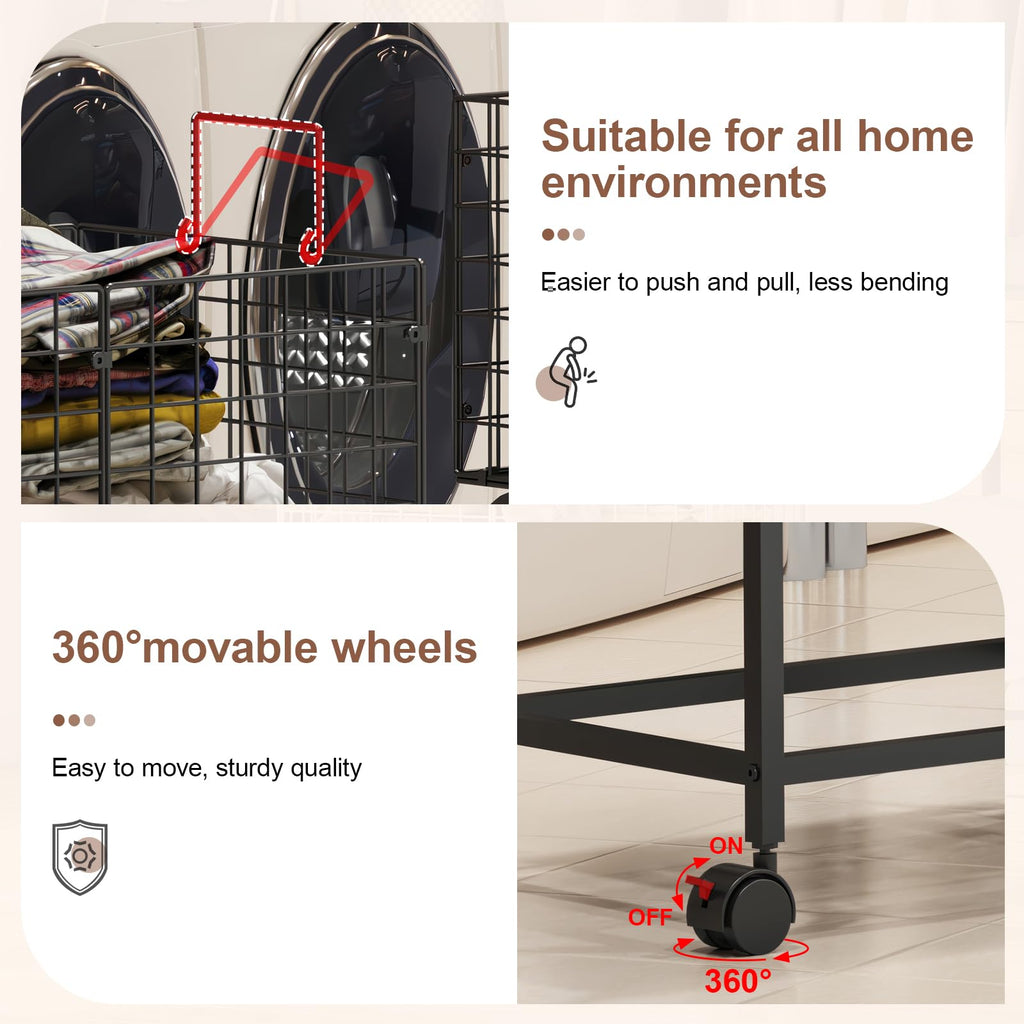 Wire Laundry Hamper Cart,Rolling Laundry Carts with Pull Handle,Black Tall Laundry Basket,Commercial Wire Laundry