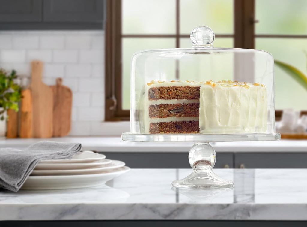 Simplicity Cake Stand with Straight Sided Dome - Flawless Glass, Tall Cake Friendly, Secure Design, Elegant - Set of 2