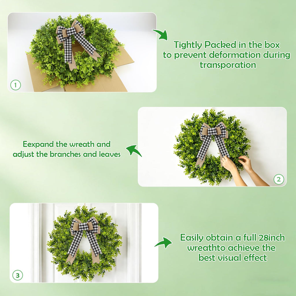 28" Large Boxwood Wreath, All Season Wreaths for Front Door Greenery Wreath with Fabric Plaid Bow for Wall Window