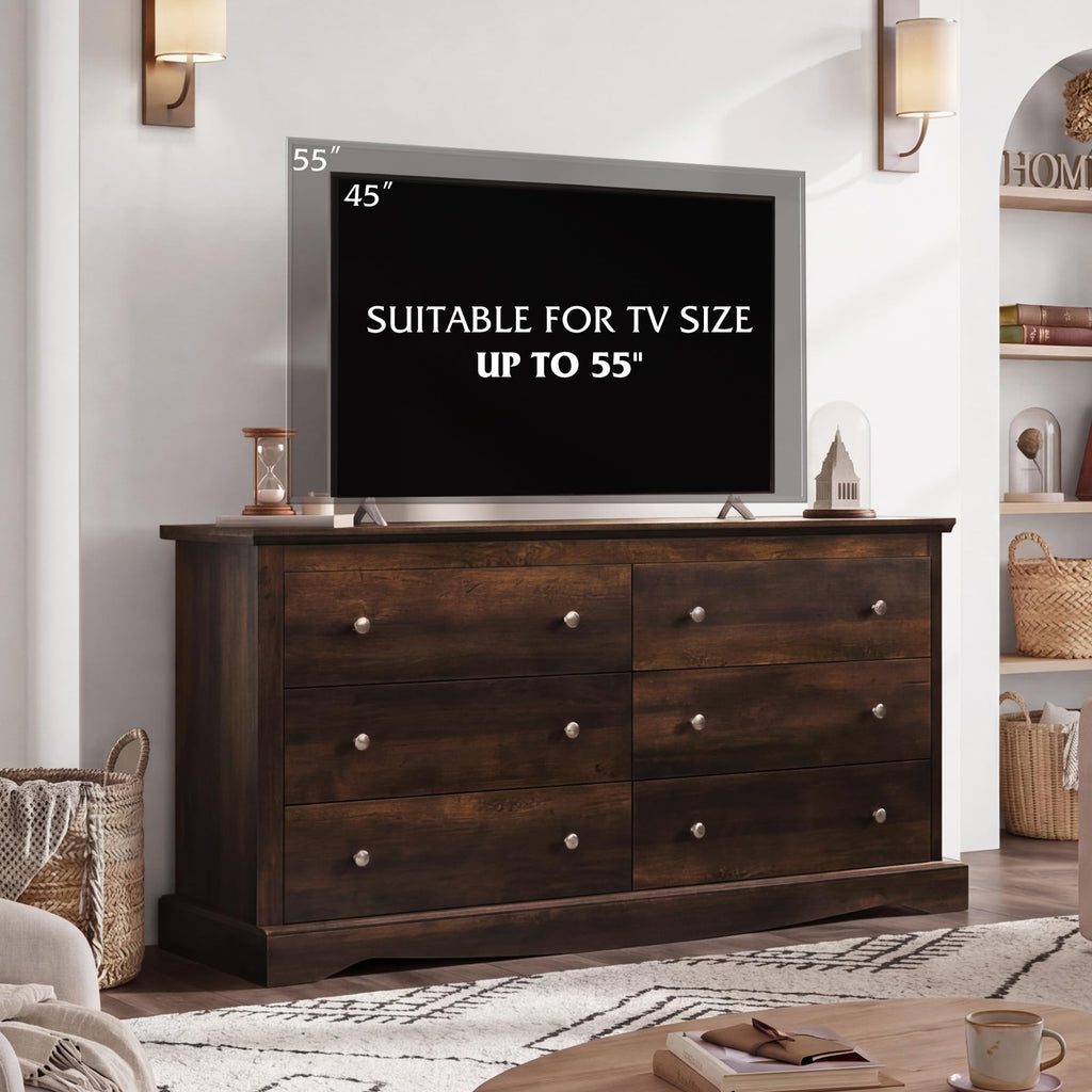 59", Wooden 6 Drawer with Exclusive Anti-Tip Structure, Large Modern Chest of Drawers, Closet, Home Furniture, TV