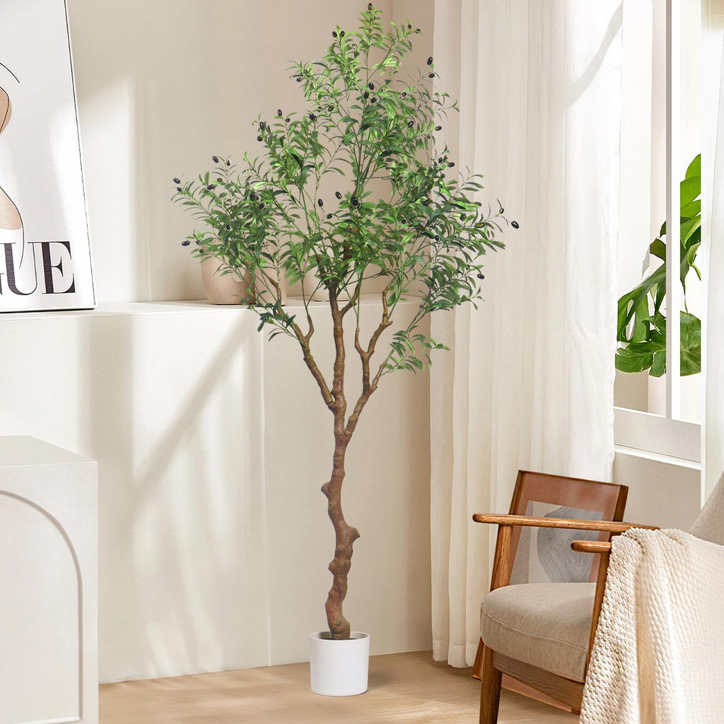 7ft Faux Olive Tree, Artificial Olive Tree Indoor with Realistic Leaves and Fruits, Fake Potted Topiary Tree Office