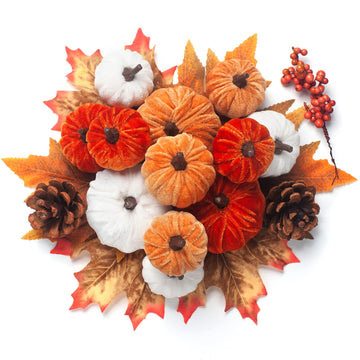 21 PCS Fall Artificial Velvet Pumpkins Set, Fake Fabric Pumpkins Faux Foam Pumpkin, Orange Khaki White Pumpkin