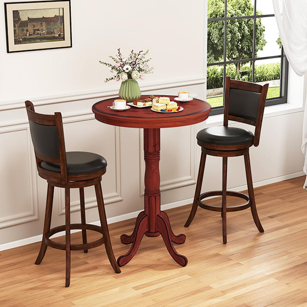 3 Piece Bar Table and Chairs Set, Round Counter Height Dining Table with Chessboard, 2 Upholstered Swivel Bar Stools