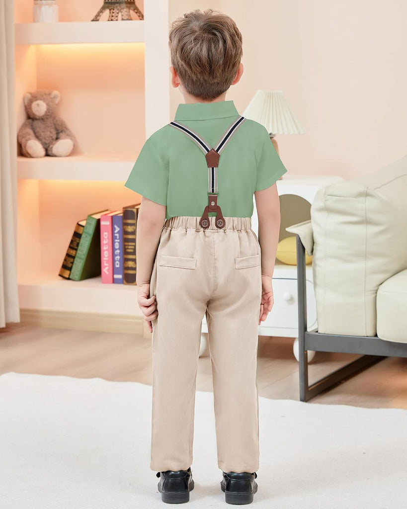 Boys Clothes Formal Suit Gentleman Wedding Outfit Short Sleeve Shirt with Bow Tie and Suspender Pants