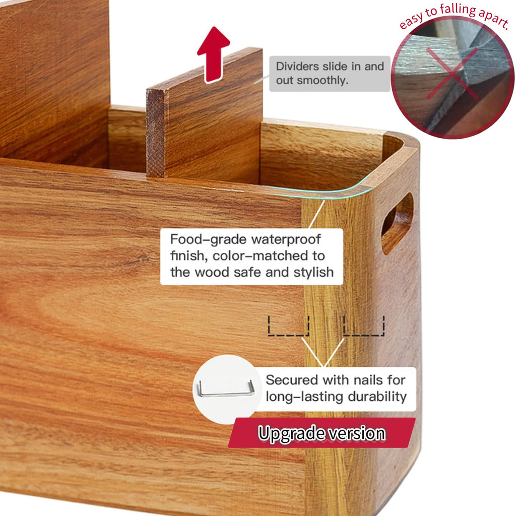 Wooden Kitchen Utensil Holder Organizer for Counter or Countertop, Large Wooden Utensil Holder for Storage Cooking