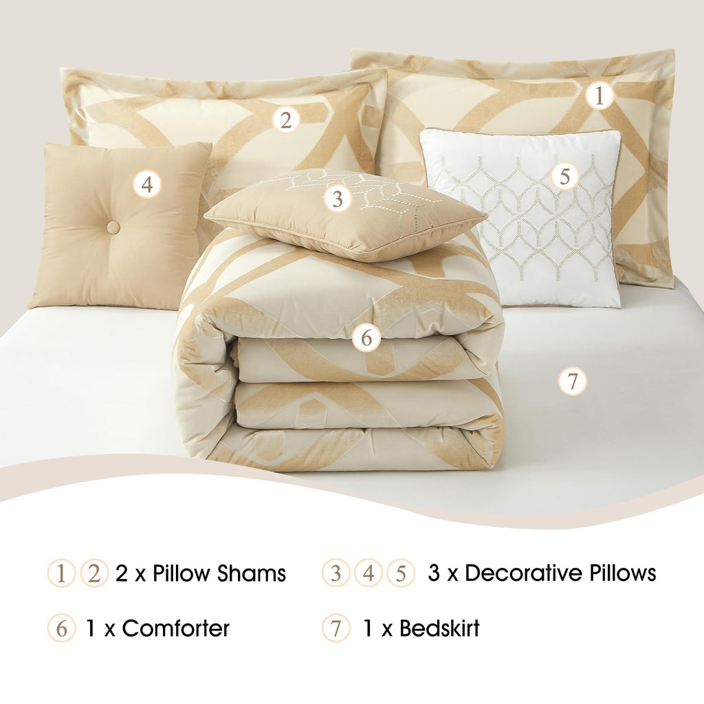 Gold Comforter Set King, Polyester Geometric 7 Piece Bedding, Jacquard with Matching Solid Microfiber Piece Work, All