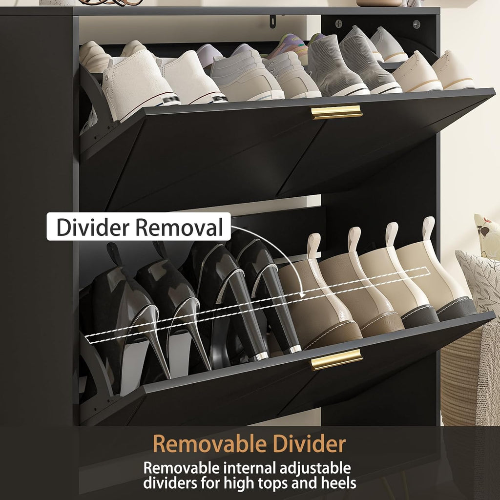 Shoe Cabinet with 2 Flip Drawers, Black Shoe Storage Cabinet, Slim Wooden Freestanding Shoe Rack, Shoe Organizer with
