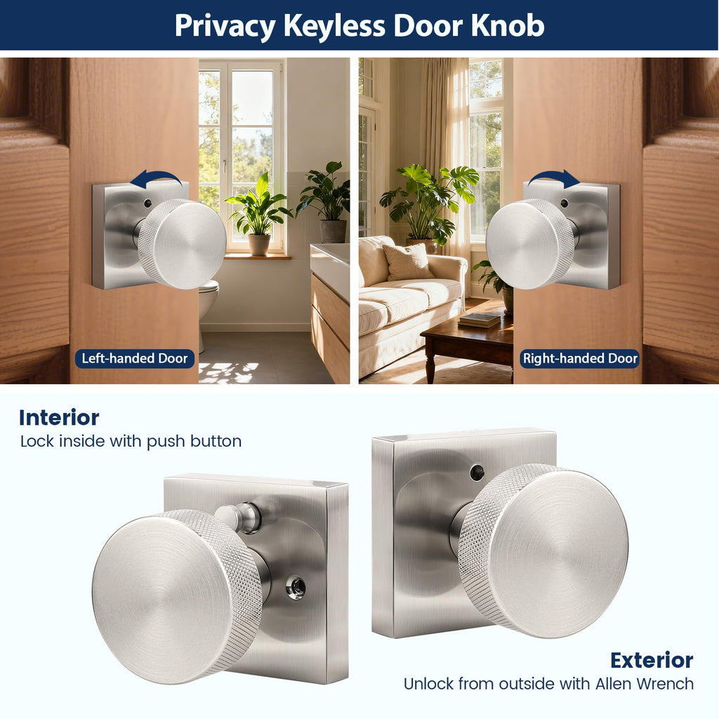 Brushed Nickel Privacy Door Knobs Interior, Zinc Alloy Keyless Stain Nickle Door Knobs with Lock , Knurled Heavy Duty