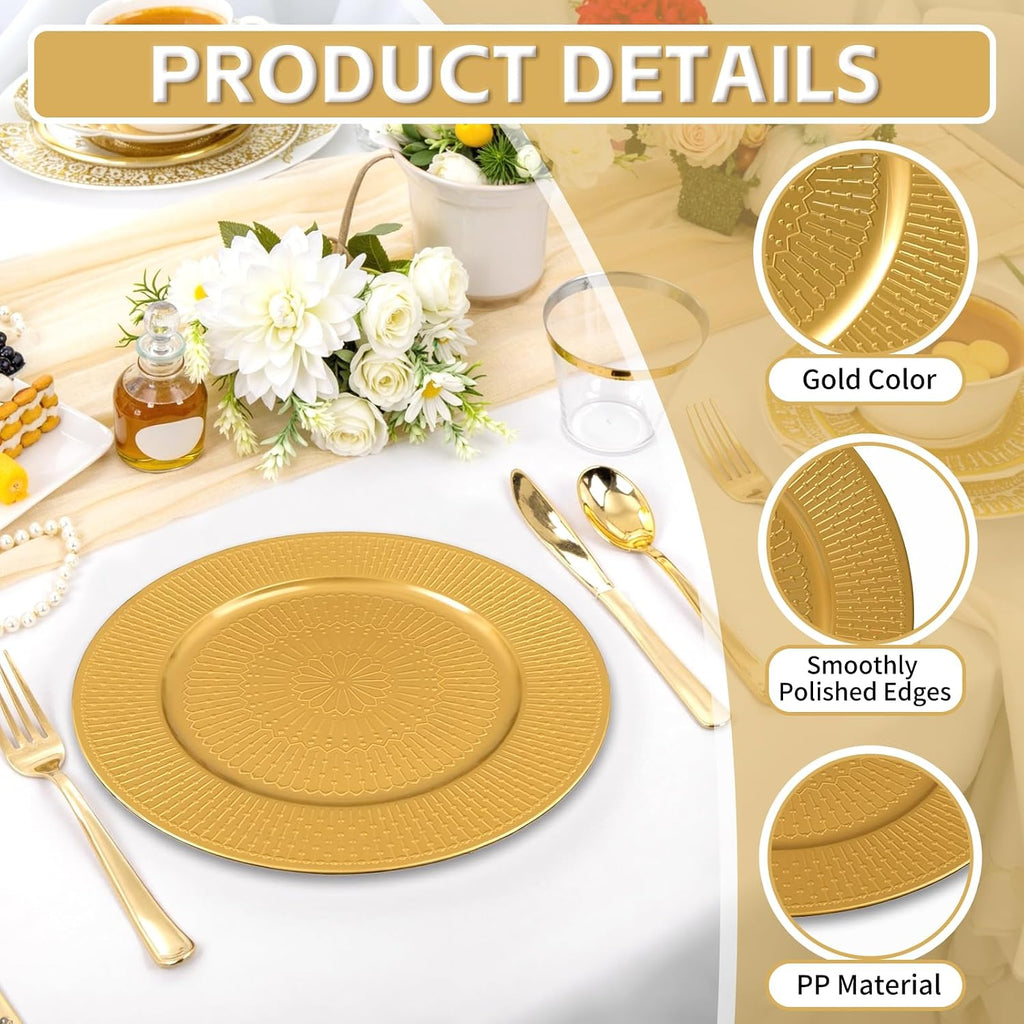 Gold Charger Plates Bulk, 13 Inch Beaded Gold Chargers for Dinner Plates Plastic Reusable Round Charger - Set of 50