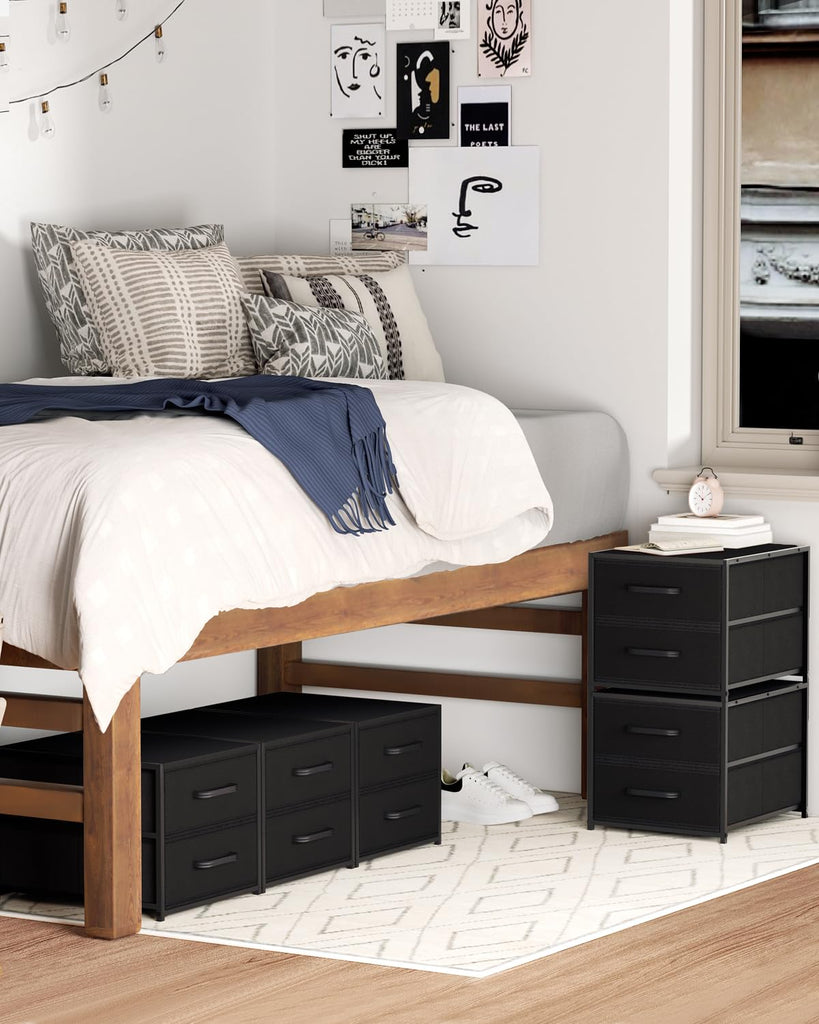 Stackable Storage Drawers - 2 Tier Closet Organizer with Metal Frame and Handles, Fabric Dresser with Collapsible