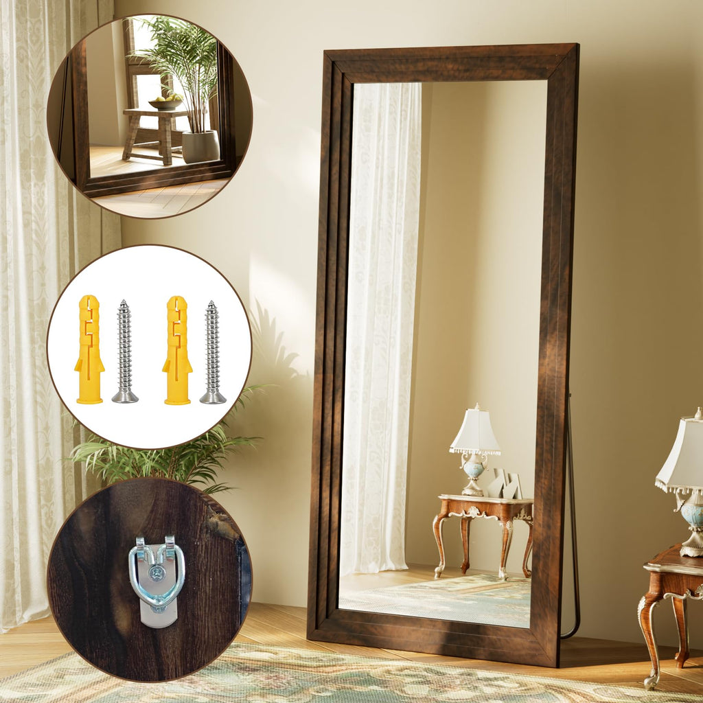 Full Length Mirror 71"X32", Walnut Large Floor Mirror with Solid Wood Frame